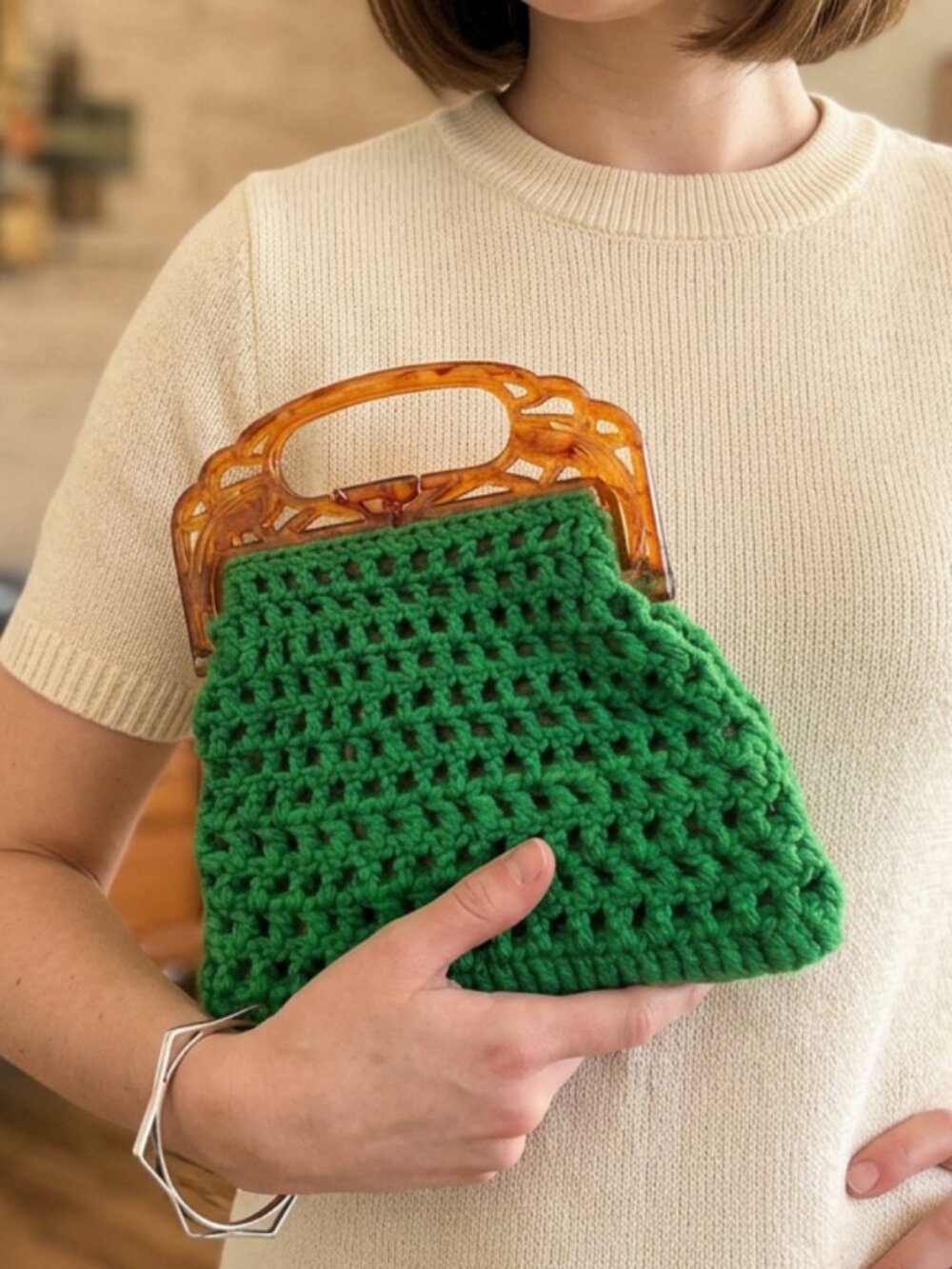 Vtg 60s 70s Crochet Green Lucite Faux Tortoiseshell Handle